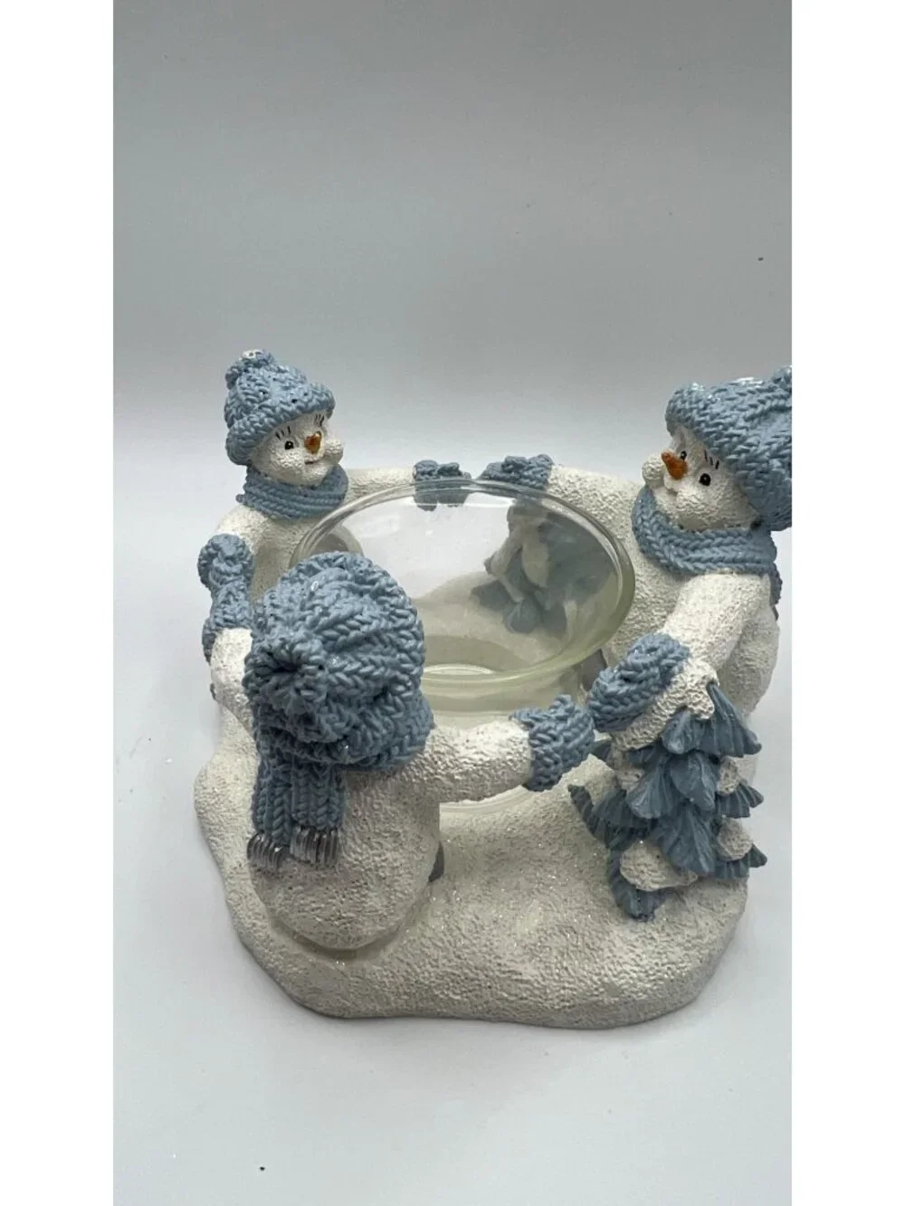 Snowman Candle Holder With Glass Insert - Winter Decor - Hand Painted White & Bl